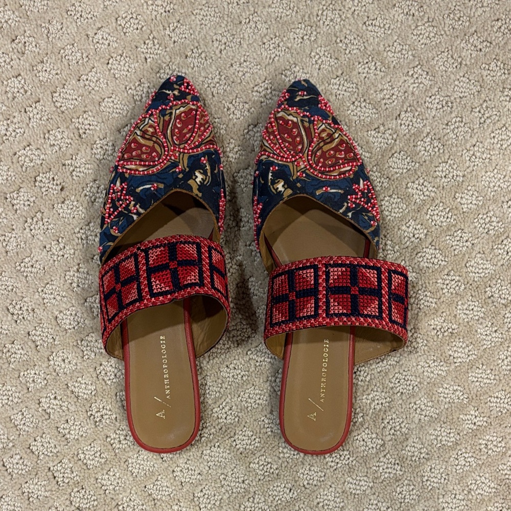 Anthropologie Red and Blue Patterned Mules